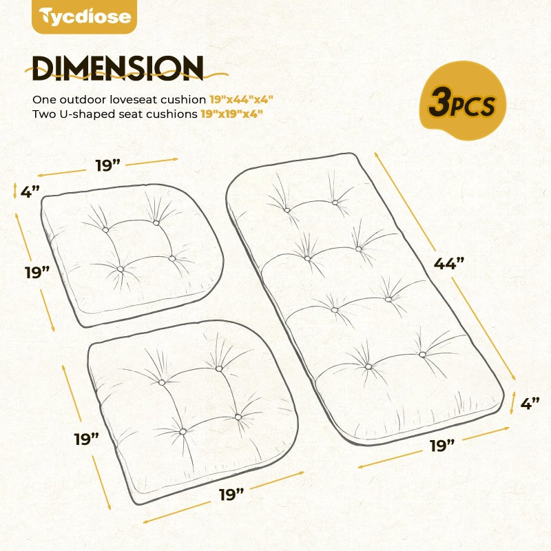 Tycdiose All Weather Wicker Chair Cushions of 3 Pieces  Waterproof Outdoor Wicker Chair Cushion for Patio Furniture Loveseat Settee Bench  1 Loveseat and 2 U-Shaped Thickened Cushions  Grey - Image 3